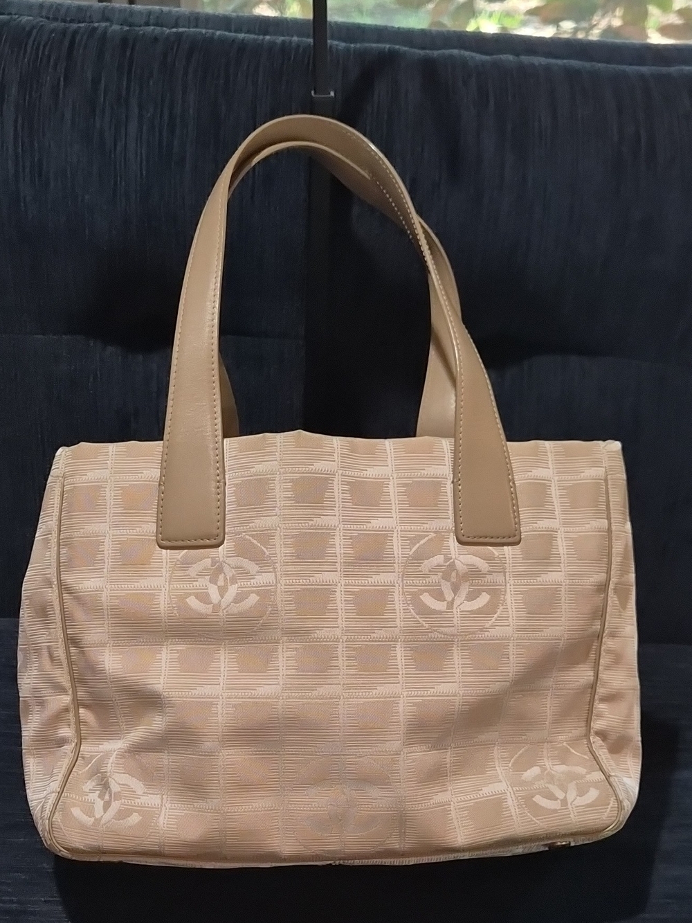 Authentic Chanel New Travel Line Tote Bag Beige Jacquard Nylon Vintage Monogram